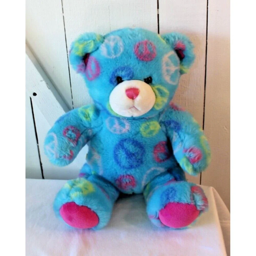 Build A Bear Blue/Pink Peace Bear Soft Plush Toy Animal 14